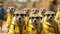 Meerkat in a group dressed in yellow jackets with glasses. Creative animal concept. Generated with AI Royalty Free Stock Photo