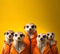 Meerkat in a group, vibrant bright fashionable outfits isolated on solid background advertisement