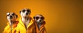 Meerkat in a group, vibrant bright fashionable outfits isolated on solid background