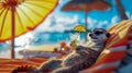 A meerkat in human clothes lies on a sunbathe on the beach, on a sun lounger, under a bright sun umbrella