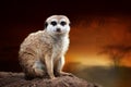 Meerkat on savanna landscape background and Mount Kilimanjaro at sunset