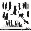 Meerkat silhouettes set with wildlife scenes. African savannah animals.