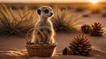 Adorable Meerkat in a Basket at Sunset Royalty Free Stock Photo
