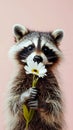 A meerkat standing with a daisy flower in its hands.