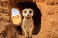 A meerkat stands in a hole within a striking rock formation, A meerkat on guard duty outside its desert burrow, AI Generated