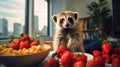 Meerkat thrives in a modern apartment, symbolizing love and pet care. food, feeding