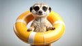 Meerkat with yellow life ring, looking at camera, studio shot Royalty Free Stock Photo