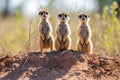 meerkats standing on hind legs, looking alert in a small dry mound