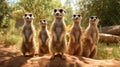 Meerkats standing on a sandy mound in the desert. Generative ai Royalty Free Stock Photo