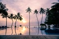 Meeru Island Maldives April 2019. - The beach at sunsrise on tropical island with palm trees. Royalty Free Stock Photo