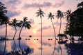 Meeru Island Maldives April 2019. - The beach at sunsrise on tropical island with palm trees. Royalty Free Stock Photo