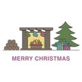 Meery Christmas illustration with fireplace, christmas tree and