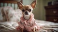 A chihuahua in a pink dress standing on a bed created with Generative AI Royalty Free Stock Photo