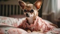 A chihuahua in a pink dress standing on a bed created with Generative AI