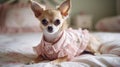 A chihuahua in a pink dress standing on a bed created with Generative AI