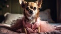 A chihuahua in a pink dress standing on a bed created with Generative AI Royalty Free Stock Photo