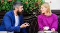 Meet become acquaintances. Meeting people first date. Couple terrace drinking coffee. Casual meet acquaintance public Royalty Free Stock Photo