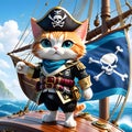 Meet Captain Whiskers, the one-eyed pirate cat who rules the high seas with his trusty crew of feline sailors. Royalty Free Stock Photo