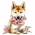 Meet the Cutest Shiba Inu Puppy in a Pastel Pink Headband Bandana and Glasses in Watercolor AI Generated