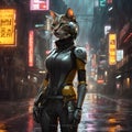 Meet Mia, an anthropomorphic feline robot girl with a sleek cyberpunk aesthetic. She combines earth tones in her design