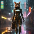 Meet Mia, an anthropomorphic feline robot girl with a sleek cyberpunk aesthetic. She combines earth tones in her design