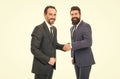 Meet our business partner. Business team. Business people concept. Men bearded wear formal suits. Well groomed business