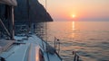 Meet the sunset in the Bay on Board the yacht, a romantic evening at sea. Boat trip on a yacht under sail.