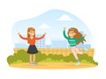 Meet of Two Girls, Cute Teenage Friends Walking Outdoors Cartoon Vector Illustration Royalty Free Stock Photo