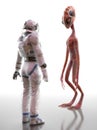 Meeting and acquaintance of an alien and a human. Humanoid alien and astronaut on a white background. Extraterrestrial contact.