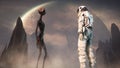 Meeting an alien and an astronaut on a mysterious planet in a distant deep space. 3D Rendering.