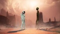 Meeting an alien and an astronaut on a mysterious planet in a distant deep space. 3D Rendering.