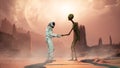 Meeting an alien and an astronaut on a mysterious planet in a distant deep space. 3D Rendering.