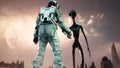 Meeting an alien and an astronaut on a mysterious planet in a distant deep space. 3D Rendering.