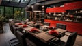 Bold Elegance: Black and Red Kitchen Interior with Integrated Dining Space Royalty Free Stock Photo