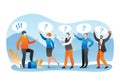 Meeting with business question from person character, vector illustration. Man woman people with speech bubble talk to