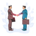 Meeting businessmen sketch. Two businessmen in suits with briefcase shake hand line. Business concept.