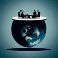 Meeting of businessmen on a table inside planet earth, brainstorming for ideas and environmental solution, global teamwork