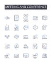 Meeting and conference line icons collection. Assembly, Gathering, Convention, Symposium, Forum, Session, Colloquium