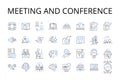 Meeting and conference line icons collection. Assembly, Gathering, Convention, Symposium, Forum, Session, Colloquium