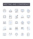 Meeting and conference line icons collection. Assembly, Gathering, Convention, Symposium, Forum, Session, Colloquium