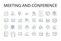 Meeting and conference line icons collection. Assembly, Gathering, Convention, Symposium, Forum, Session, Colloquium