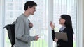 Meeting, conversation of female teacher and guy college student in educational center