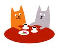 A meeting of friends. Red and gray cats drink coffee.