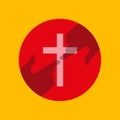 Meeting with God, with the Savior. White cross on a red circle. Two hands in touch. Flat isolated Christian illustration