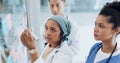 Meeting, healthcare and teamwork with a doctor black woman coaching her team on glass in a hospital. Planning, training Royalty Free Stock Photo