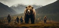 Meeting between a human and a bear in the forest.