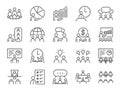 Meeting line icon set. Included icons as meeting room, team, teamwork, presentation, idea, brainstorm and more.