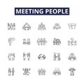 Meeting people line vector icons and signs. Networking, Gathering, Bonding, Interacting, Conversing, Interfacing