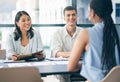 Meeting, recruitment or managers in job interview with businesswoman talking or listening in negotiation. Business Royalty Free Stock Photo