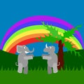 Meeting of rhino and elephant under rainbow Royalty Free Stock Photo